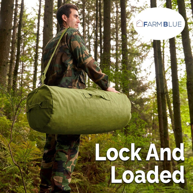 Farm Blue GI Style Zipper Duffle Bag Heavy Duty Army Duffle Bags - Military Grade Cotton Canvas Duffel Bag - Reinforced Camping Bag - Strong Zipper & Center Grab Handle (Olive Drab, Large) - Image 4